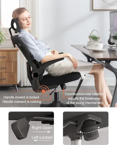 Vista 5 de Silla de oficina de malla, ergonómicas de respaldo alto con ruedas y reposacabezas ajustables, cómodos brazos abatibles para el hogar, dormitorio