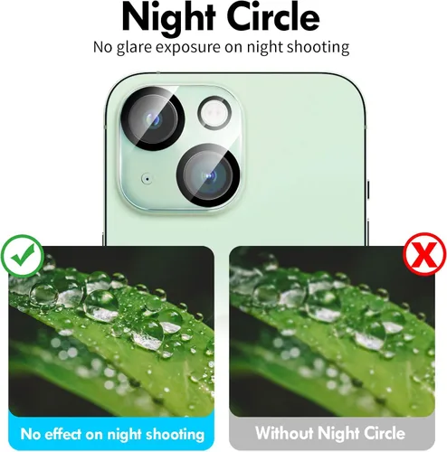 Vista 4 de Protector de lente de cámara compatible con iPhone 15 y 15 Plus, cubierta de cámara de vidrio templado de dureza 9H, Ultra HD, antiarañazos, fácil