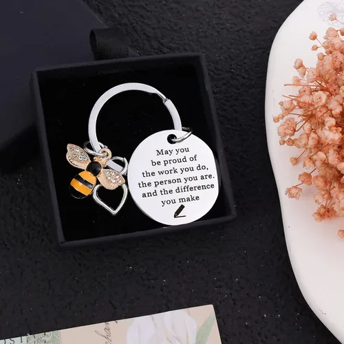 Vista 4 de PLwelth Llavero de abeja para mujeres y hombres, llavero de agradecimiento de abejas para profesores, graduación de estudiantes, regalos