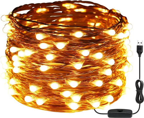 Vista 10 de RUICHEN Guirnalda de luces USB con cable de cobre de 20 pies, 120 luces LED estrelladas con interruptor de encendido/apagado, blanco cálido