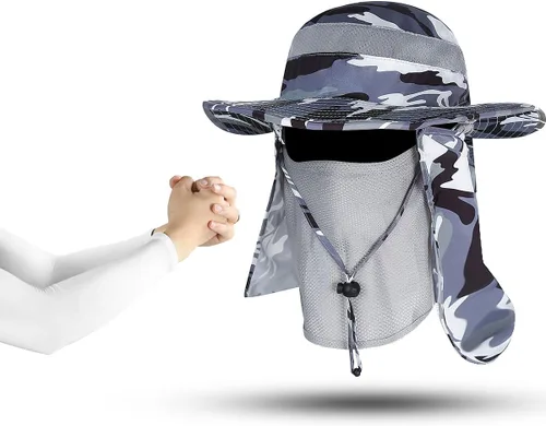 Vista 8 de Sombrero de pesca con protección solar, funda extraíble con solapa para el cuello con mangas para brazos para exteriores