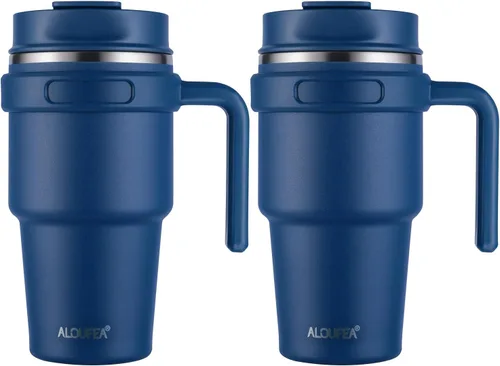 Vista 30 de Taza de café aislada de 20 onzas con asa, vaso de viaje de acero inoxidable con tapa y popote, taza térmica de doble pared al vacío a prueba de Negro