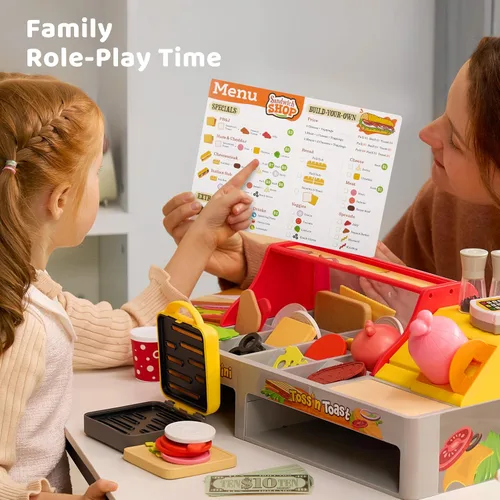 Vista 7 de Juguete de restaurante y comida de juego de simulación para niños, accesorios de cocina de juego incluyen sandwichera de juguete con rebanador