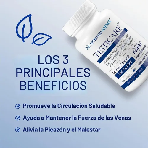 Vista 3 de Approved Science TestiCare - Soporte testicular para venas - Castaño de Indias, Hamamelis - 1 botella - 45 cápsulas - Vegano