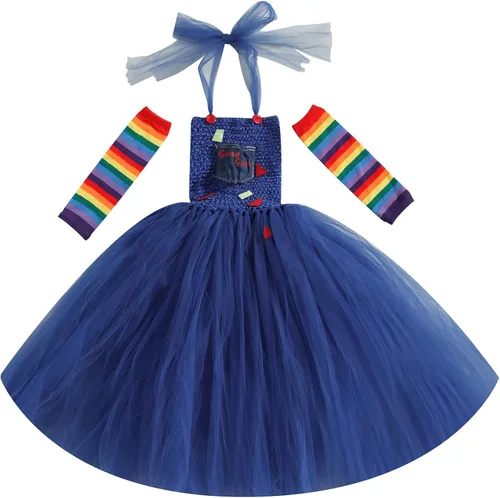 Vista 5 de Tempura Conjunto de disfraz de payaso de Halloween para niñas y niñas, vestido de tul, cuchillo, calcetines, guantes, horquilla, juegos para fiestas
