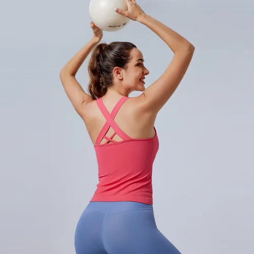 Vista 5 de Evercute Camiseta sin mangas de yoga para mujer, con tirantes cruzados, brasier integrado, acanalado, sin costuras, de alto impacto