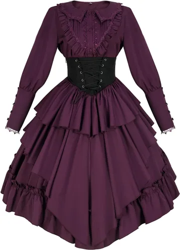 Vista 6 de Vestido victoriano para mujer, conjunto de 2 piezas, falda steampunk, disfraz gótico vintage Two-piece set, adjustable waist, lace trim on cuffs