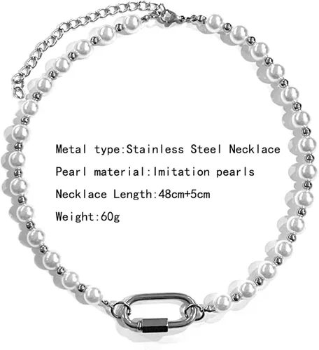 Vista 5 de Collar de perlas góticas para hombre, mosquetón de acero inoxidable punk, gargantilla de perlas unisex para mujeres