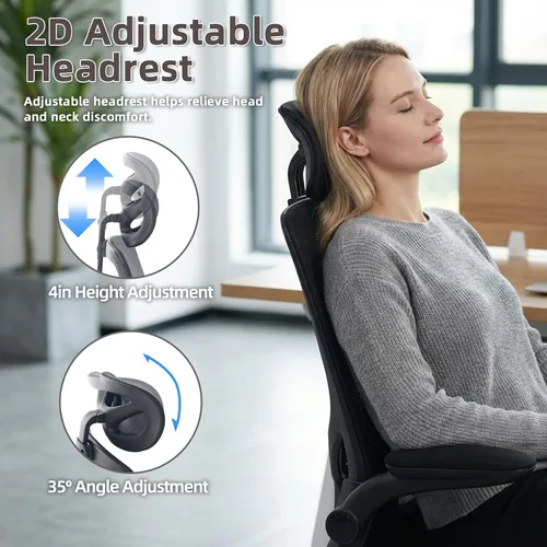Vista 6 de Silla de oficina ergonómica con reposacabezas, silla de escritorio de malla con respaldo alto, soporte lumbar ajustable, silla giratoria