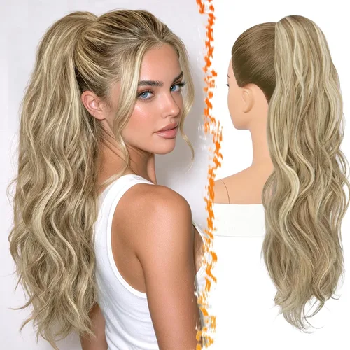 Vista 8 de BARSDAR 25 Inch Synthetic Dual Claw Clip Auburn Brown Loose Wavy Ponytail