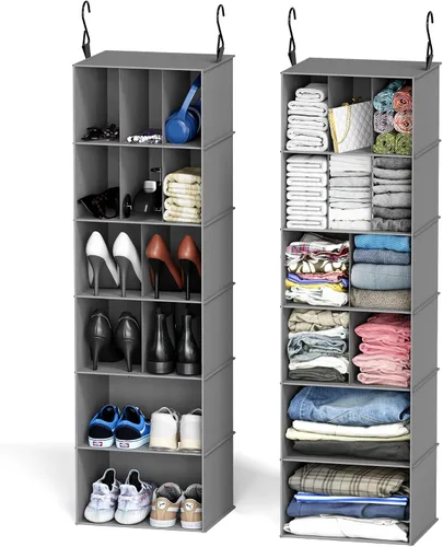 Vista 7 de SpaceAid Paquete de 2 Organizadores Colgantes de Armario y Almacenamiento con Divisores, 24 Compartimentos Estantes Colgantes para Zapatos para Beige