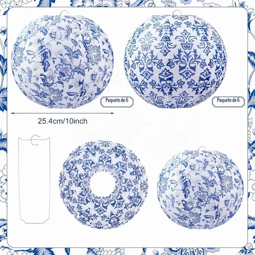 Vista 3 de Retisee 12 linternas de papel chinoiserie de 10 pulgadas con estampado de Azul