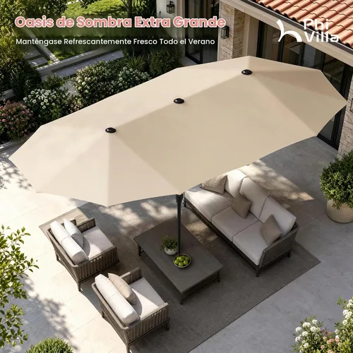 Vista 2 de PHI VILLA Sombrilla Grande de Patio de 13 Pies de Doble Cara Gemela para Mercado Exterior con Manivela, Beige