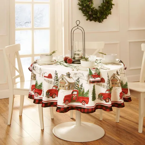 Vista 2 de Home Fashions - Mantel de poliéster con diseño de camión vintage, árbol de Navidad, 70 pulgadas, redondo