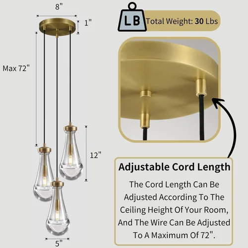 Vista 5 de Lámpara colgante de latón de 3 luces para isla de cocina, lámpara colgante de racimo de lluvia, lámpara de techo de cristal con cuerda ajustable