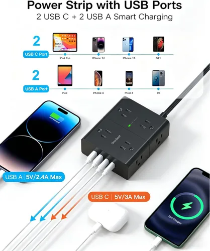Vista 3 de One Beat Regleta protectora de sobretensiones, cable de extensión plano ultrafino de 6 pies con 8 tomas, 4 puertos USB (2 USB C), regleta