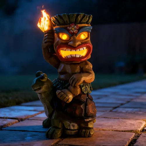 Vista 3 de Estatua de Tiki para exteriores con decoración de tortuga, figura de jardín con energía solar, arte Tiki para Tiki bar, patio trasero, jardín