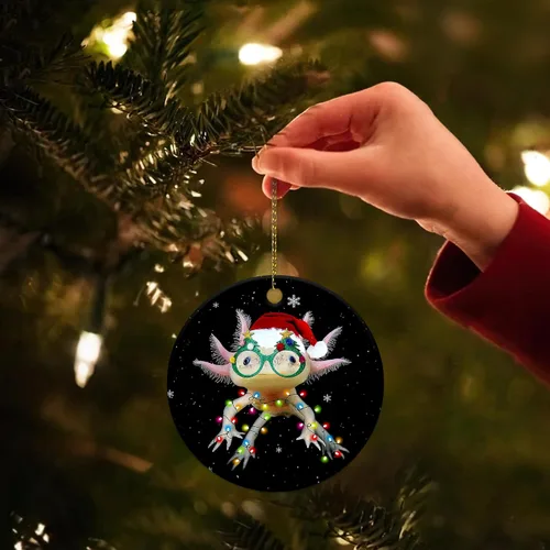 Vista 6 de Hyturtle Adorno de Navidad para los amantes de los ajolotes – Ajolote con sombrero, adorno de cerámica de Navidad – Lindo regalo para amantes