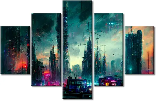Vista 205 de Cuadros de 5 paneles de Cyberpunk City, arte de pared, representación de vallas publicitarias, edificios modernos en la capital con obras de arte