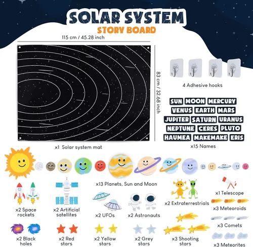 Vista 2 de BONNYCO Sistema Solar para Niños Juguetes con 61 Figuras de Fieltro. Juguetes Montessori del Espacio, Regalos de Cumpleaños para Niñas y Niños
