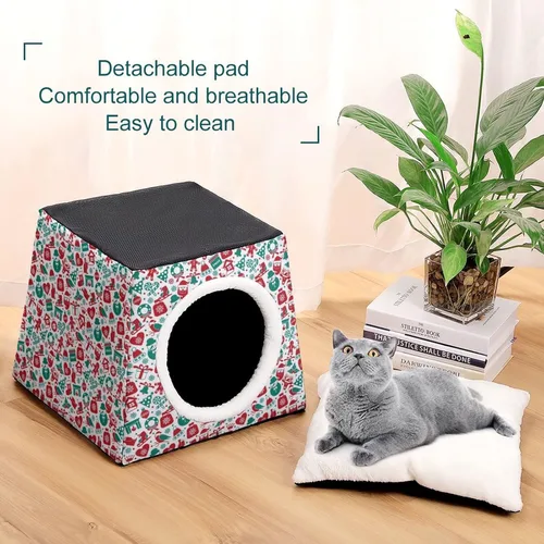 Vista 6 de Cama de tres usos para gatos, sofá plegable para gatos, refugio para gatos, juguete rascador con cojín extraíble con patrón navideño