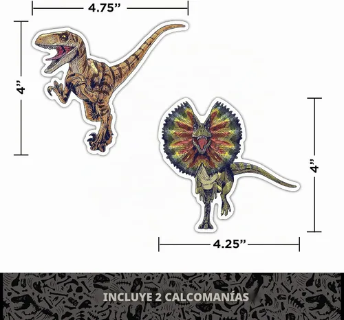Vista 3 de Vinilo adhesivo de dinosaurios de Parque Jurásico - Juego de 2 pegatinas de vinilo impermeables de Dilophosaurus Velociraptor para coche, camión