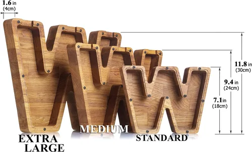 Vista 2 de Alcancía de madera personalizada con letra para niños, niñas y adultos, bancos de monedas de madera de roble duradero, 3 tamaños para elegir