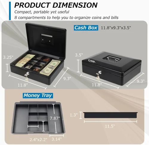 Vista 5 de CARL, CUI82012, bandeja de billetes de acero caja de seguridad, color negro 4 x 9 pulgadas