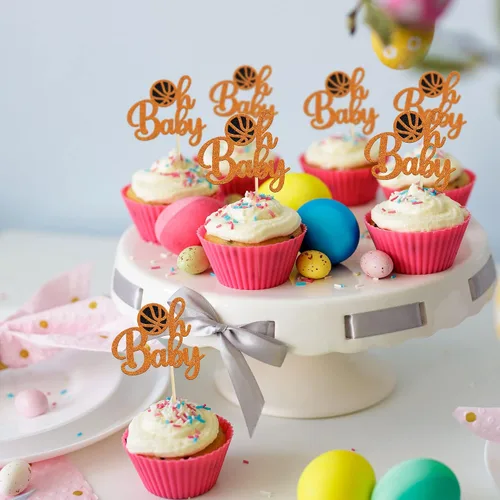 Vista 6 de Gyufise 24 piezas de baloncesto Oh Baby Cupcake Toppers Jugador de Baloncesto Escena Temática Púas de Fruta para Deportes Tema Babyshower Cumpleaños