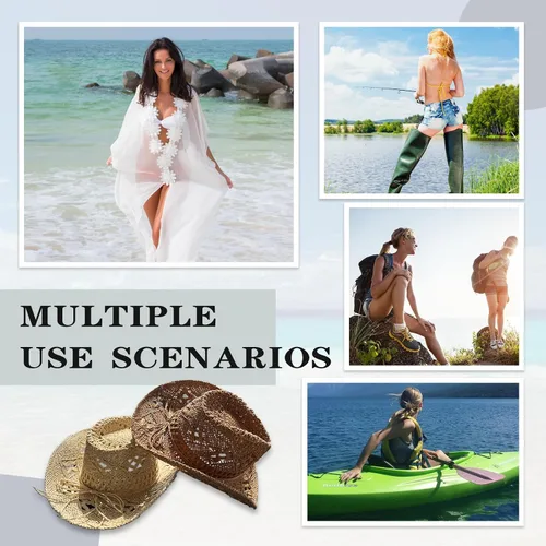 Vista 6 de Sombreros de vaquero de paja para mujer, sombrero de vaquera occidental brillante para fiestas de vacaciones, sombrero de sol plegable