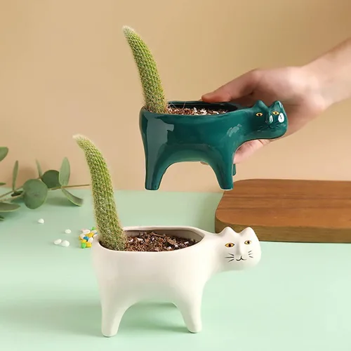 Vista 5 de DIYOMR Macetero de animales para suculentas, macetas de cerámica para gatos, contenedores de cactus o plantas para decoración del hogar, oficina