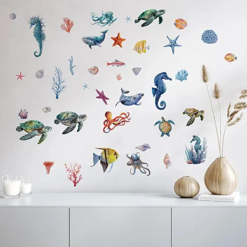 Vista 6 de CRASPIRE 8 hojas de calcomanías para ventana, diseño de tortuga, caballito de mar, estrellas de mar, conchas de coral, para verano, PVC