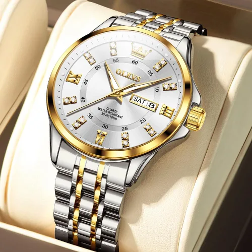 Vista 31 de OLEVS - Relojes de diamantes para hombres, relojes de vestir a prueba de agua, relojes analógicos de cuarzo de lujo con calendario de fecha y correa
