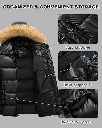 Vista 6 de Chaqueta acolchada para hombre, abrigo de invierno con capucha de piel, impermeable y resistente al viento, forro polar, 4 bolsillos
