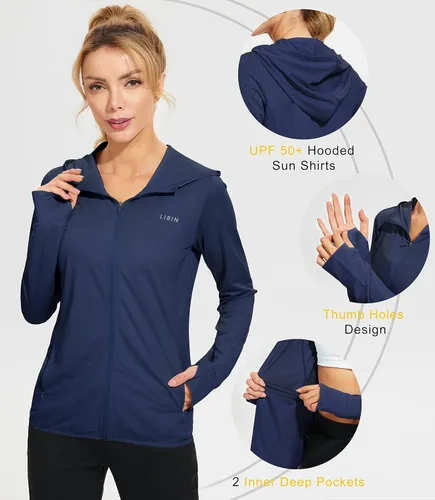 Vista 4 de Libin sudadera con capucha para mujer, con cremallera completa, UPF 50+, capucha con protección solar, de manga larga, para senderismo