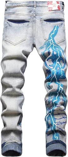 Vista 2 de Jeans de graffiti hip hop para hombre, rasgados, ajustados, desgastados, desgastados, ajustados, elásticos, con estampado casual
