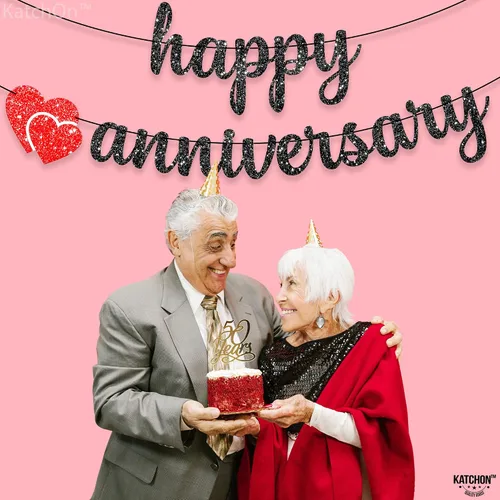 Vista 7 de KatchOn, Cartel de feliz aniversario con purpurina negra, 10 pies, sin bricolaje, decoraciones románticas de feliz aniversario, decoraciones