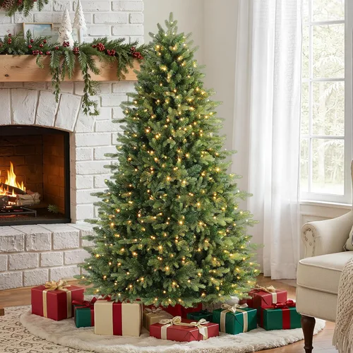 Vista 9 de Alupssuc - Árbol de Navidad artificial preiluminado de abeto con bisagras 250 luces blancas cálidas y multicolor, control remoto, 1393 puntas
