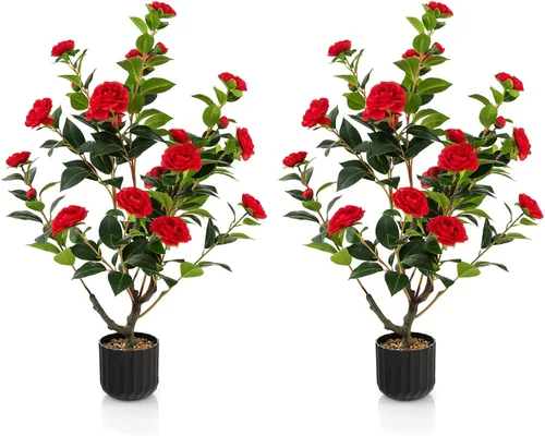 Vista 11 de Árbol de camelia artificial de 36 pulgadas con flores falsas Naranja
