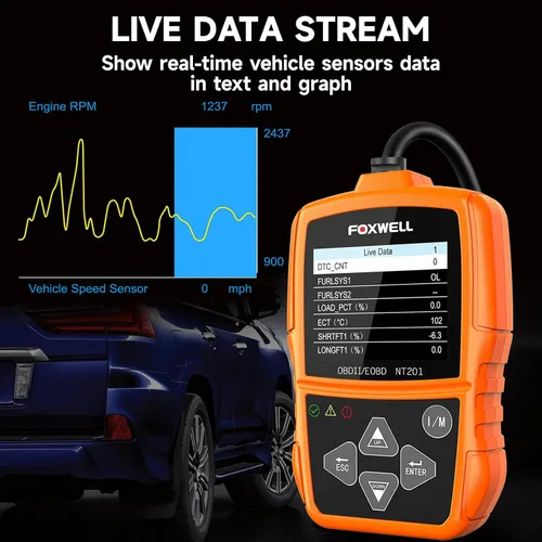 Vista 5 de FOXWELL NT201 Escáner OBD2 Lector de Códigos para Automóviles y Camiones - Reinicia la Luz de Verificación del Motor, Lee y Borra Códigos de Falla