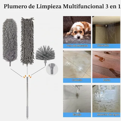 Vista 2 de Kit de plumero de microfibra 5 en 1 con poste de extensión, juego de plumero de limpieza lavable con 3 cabezales de plumero, plumero de telaraña