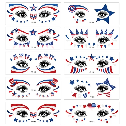 Vista 3 de Decoraciones del 4 de julio, tatuajes de ojos para la cara, bandera de Estados Unidos, estrella, tatuajes temporales, Día de la Independencia