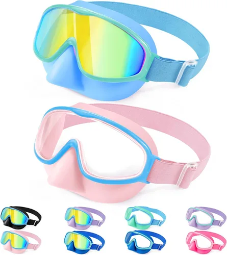 Vista 10 de Vvinca Kids Goggles with Nose Cover for 3-12,Comfort Fabric Strap Wide View 03-negro azul y rosa azul