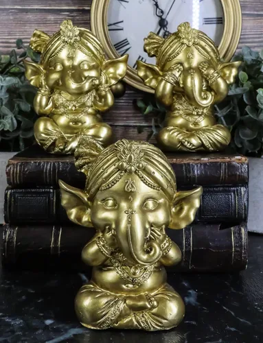 Vista 6 de Ebros - Juego de 3 figuras de elefante hindú dorado, Dios, Señor, Ganesha, con turbante, 4 pulgadas de alto, Deidad de las artes, sabiduría
