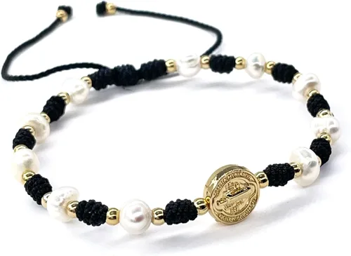 Vista 8 de Cultured Freshwater Pearl Bracelet With St Benedict Medal on Adjustable Red String for Women