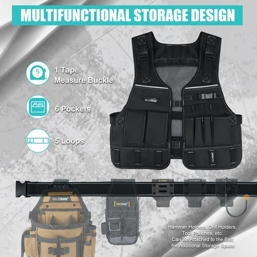 Vista 6 de MELOTOUGH Chaleco de herramientas para hombre con bolsillos y cinturón, chaleco de seguridad ajustable de múltiples bolsillos para electricista