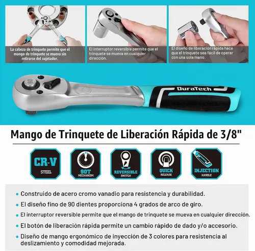 Vista 8 de DURATECH Trinquete de accionamiento de 3/8 pulgadas, llave de trinquete de liberación rápida de 90 dientes Socket Wrench with Cushion Injection