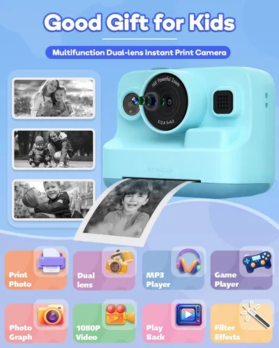 Vista 2 de Dylanto Cámara de niños con impresión instantánea, cámaras instantáneas de 1080P para niños que imprimen fotos, regalos de Navidad de cumpleaños