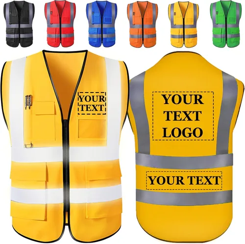 Vista 8 de Chaleco de seguridad personalizado con logotipo, texto, nombre, alta visibilidad, bolsillos y cremallera, a granel para mujeres y hombres Class 2