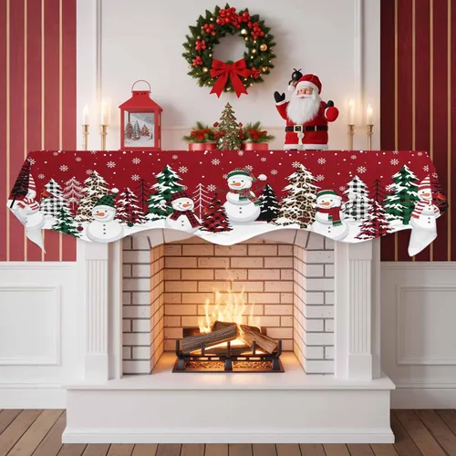Vista 2 de Bufanda de chimenea de muñeco de nieve de Navidad, diseño de árboles de Navidad rojos, copos de nieve de invierno, bufandas para chimenea, estante
